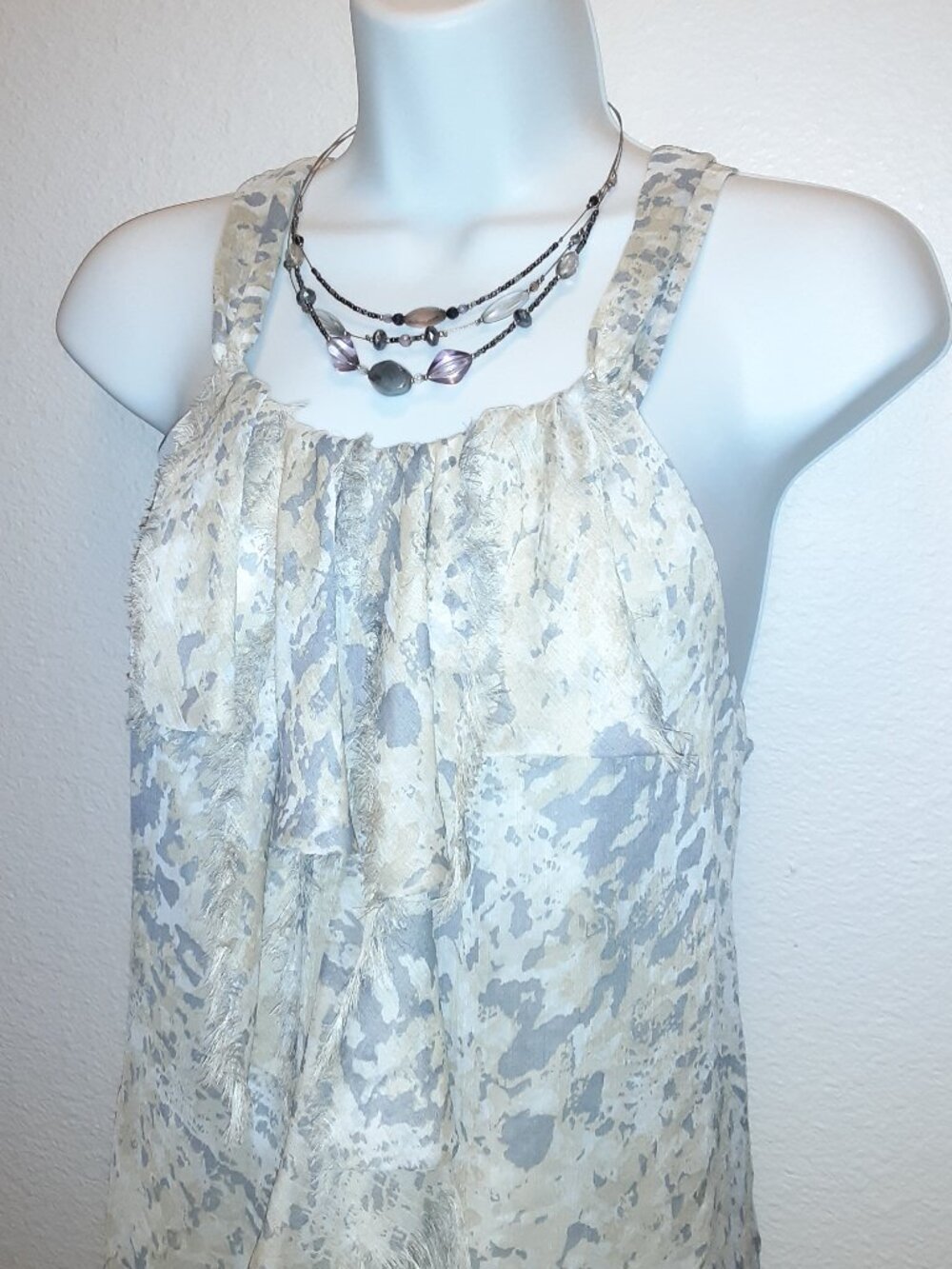 Adiva Size XL * Tank Tunic Top w/Sheer Gray White Yellow Overlay * Sz XL *